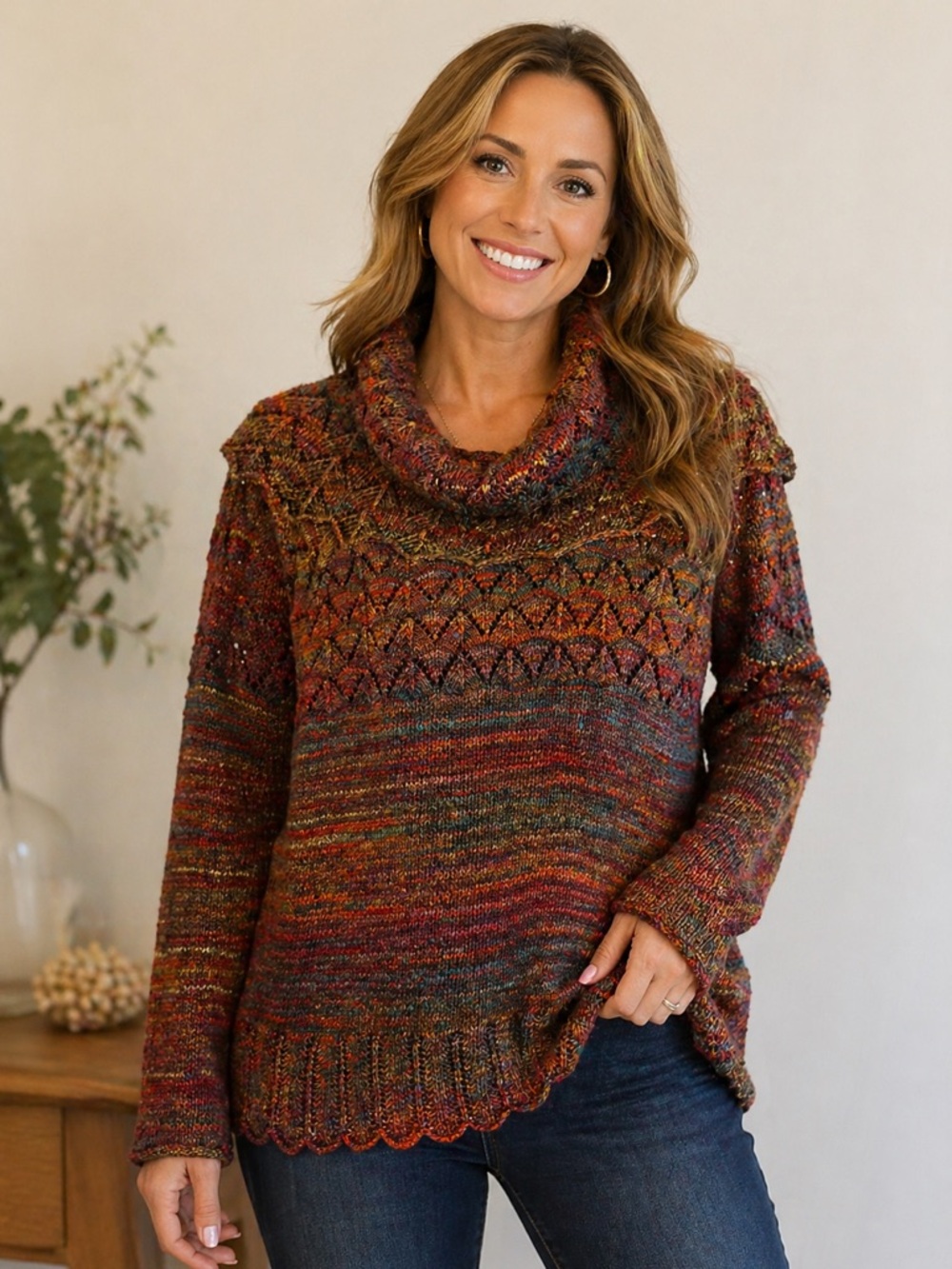 Ponsesa Multicolor Knit Sweater 2XL Cozy Textured Cowl Neck